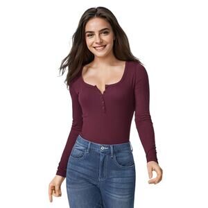 Halara Ribbed Henley Neck Long sleeve Casual Maroon Banner T-Shirt Women's XL